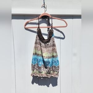 Womens Rouched Halter Top | Beaded Design | Y2K | Size Larger